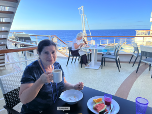 Marina having breakfast outdoors